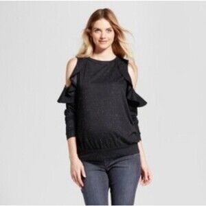 Isabel Maternity Cold Shoulder Ruffle Sweatshirt Black and White Size Large